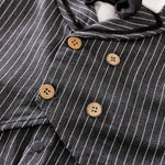 Gentleman Outfit for Baby Jumpsuit - Pinstripe Set | Hushies close-up showing wooden buttons on pinstripe fabric baby romper