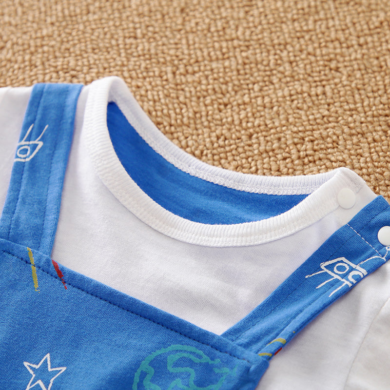 Cozy Baby Blue Romper with Star Print by Hushies - soft cotton fabric with snap buttons and space-themed blue straps over white shirt