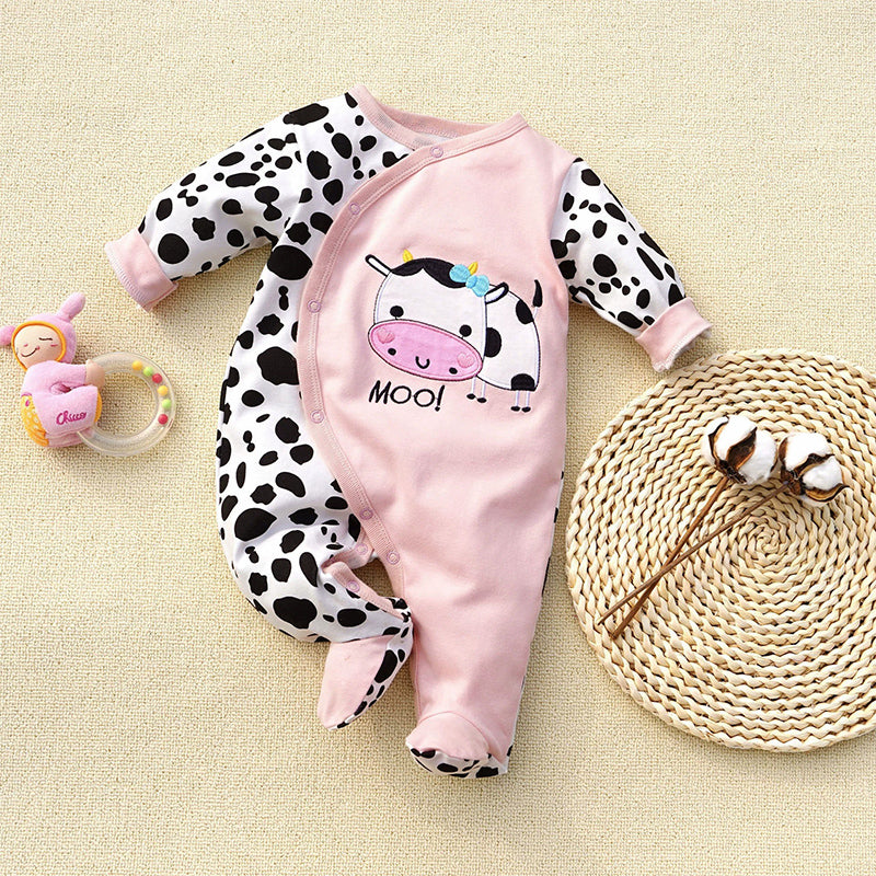 Cute Cow Print Baby Jumpsuit in Soft Cotton for Girls with Footed Design & Snap Closure featuring playful cow motif and black spots