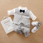 Gray Striped Baby Suit With Bow Tie - Stylish Outfit for Special Occasions with white shirt and matching soft shoes