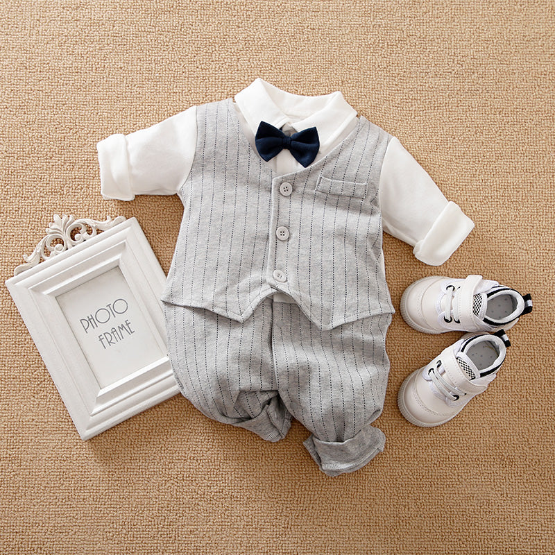 Gray Striped Baby Suit With Bow Tie - Stylish Outfit for Special Occasions with white shirt and matching soft shoes