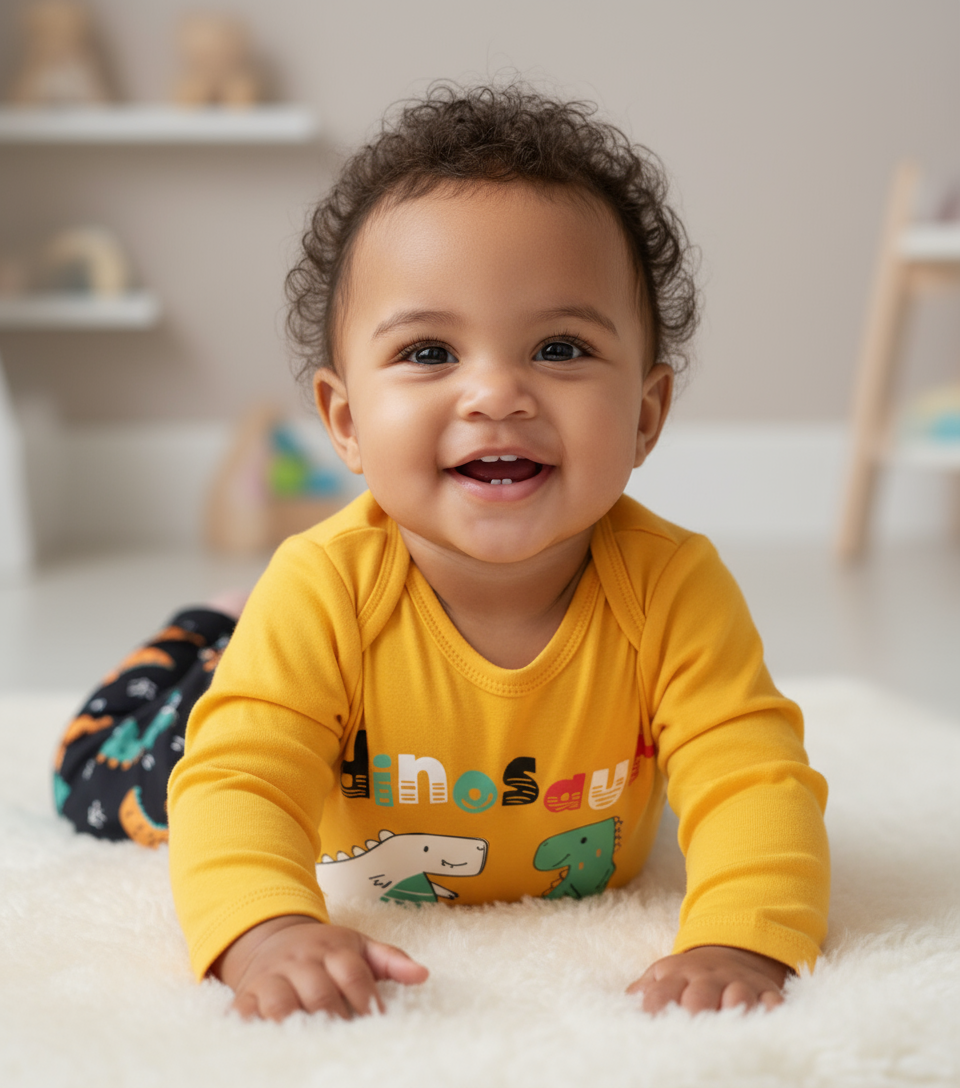 Smiling baby in the Adorable Dinosaur Baby Bodysuit & Pants Set, showcasing a playful dinosaur design, perfect for cozy adventures. A delightful dinosaur baby bodysuit for everyday wear.