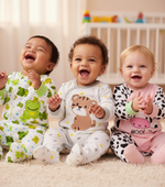 Three diverse babies happily wearing playful cotton baby jumpsuits, including the King Bear Crown Cotton Footed Jumpsuit for Baby Boys, relaxing together on a rug.