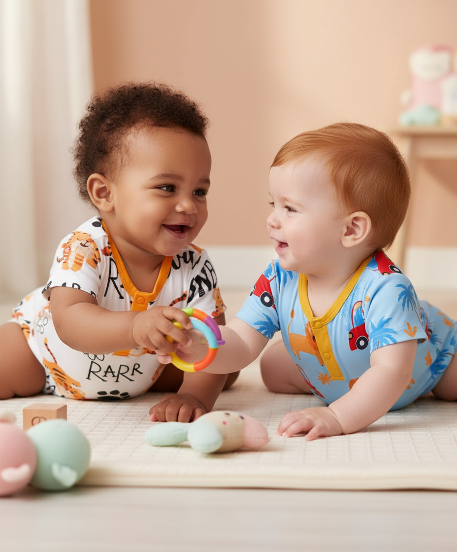 Two adorable babies playing together, one wearing the Little Roar Baby Boy Romper, featuring fun wildlife motifs.