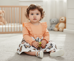 Adorable Baby Butterfly Dress with long sleeves for girls, featuring an orange top and butterfly patterned skirt. Perfect for special occasions.