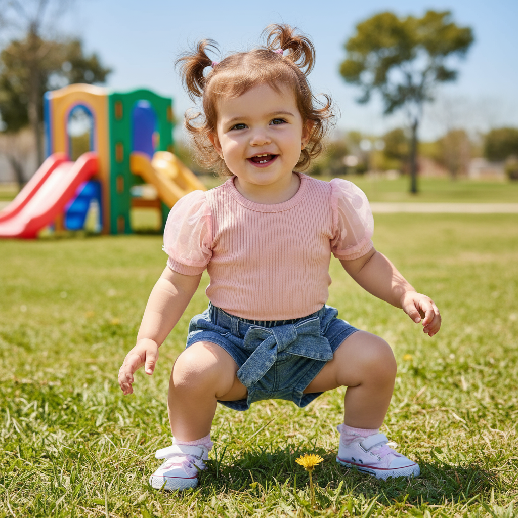 Cute kids clothing displayed by an adorable toddler in a poke dot sleeve top and trendy denim shorts, joyfully playing at a park with playground equipment in the background.