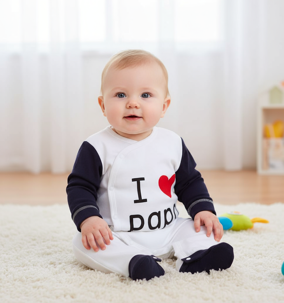 Adorable Unisex Baby Jumpsuit - I Love You Papa Design in Soft Cotton for Newborns. A smiling baby sitting on a rug wearing the stylish jumpsuit.