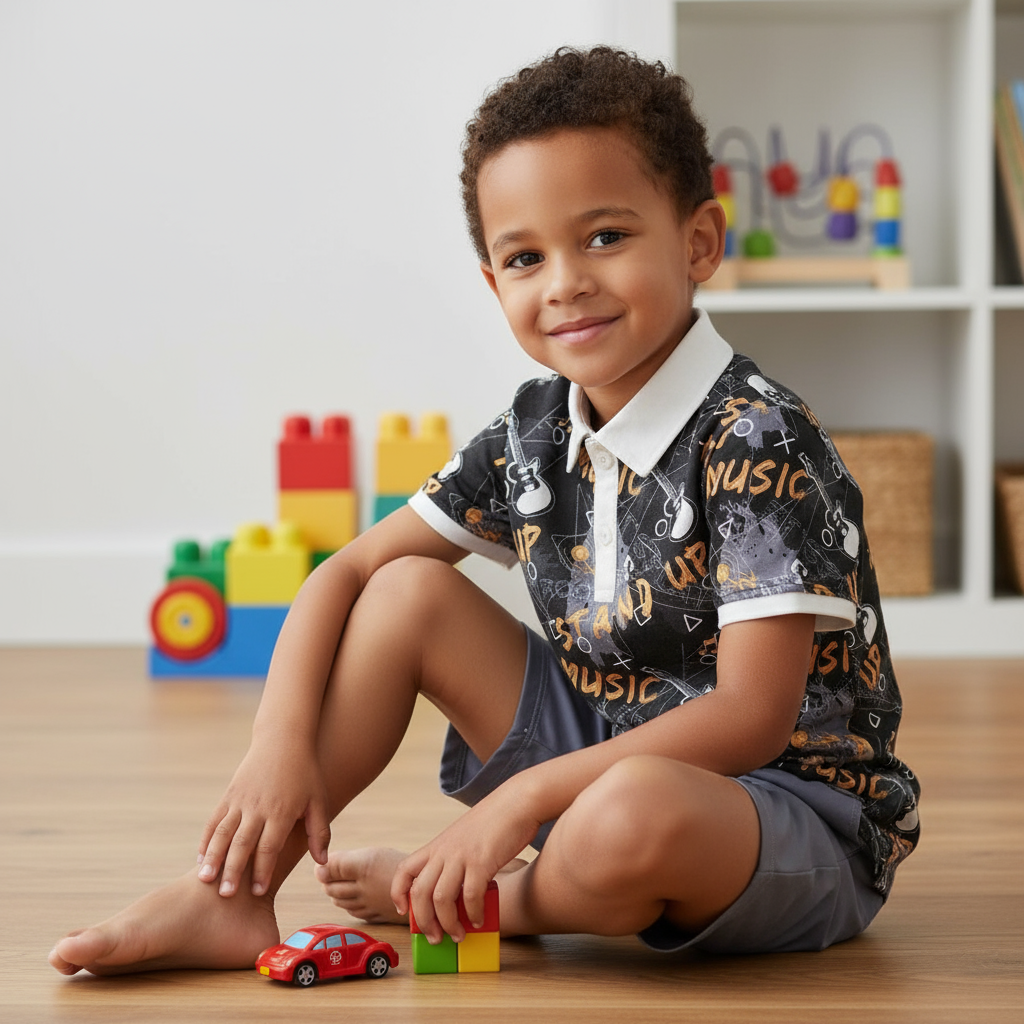 Stylish toddler boys clothing set featuring a musical themed polo shirt and shorts, perfect for playtime and creative expression.
