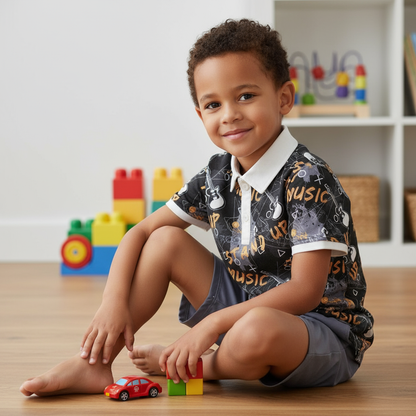 Stylish toddler boys clothing set featuring a musical themed polo shirt and shorts, perfect for playtime and creative expression.