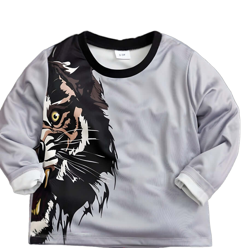 Close-up image of the Hushies Boys Lion Print Long Sleeve Shirt displaying a vibrant lion graphic, ideal for children's fashion.