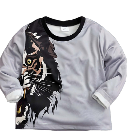 Close-up image of the Hushies Boys Lion Print Long Sleeve Shirt displaying a vibrant lion graphic, ideal for children's fashion.