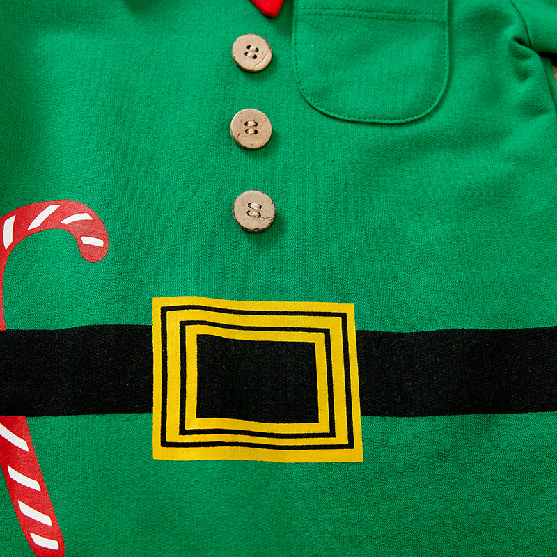 Green Elf Jumpsuit Babies | Soft Gender Neutral Holiday outfit with button front, printed belt buckle, and candy cane detail baby romper
