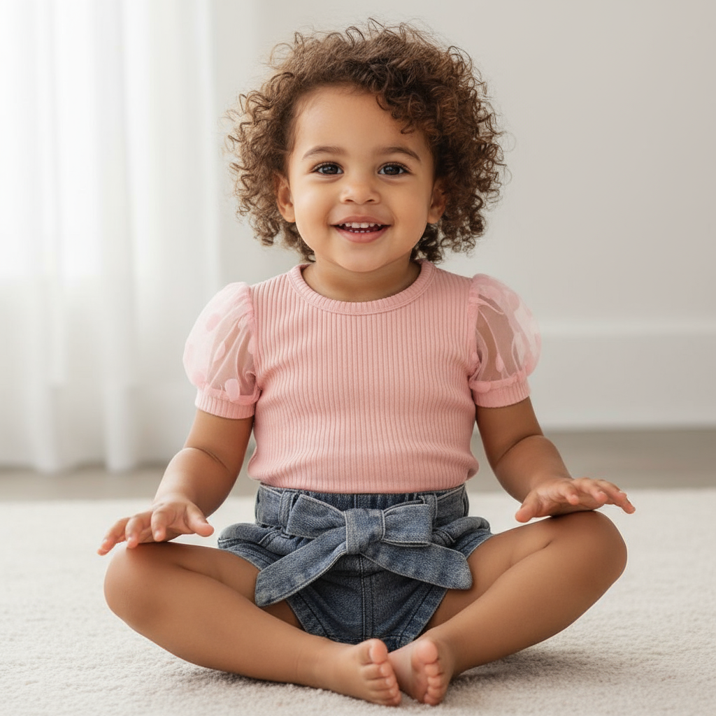 Cute kids clothing featuring a joyful toddler sitting in a stylish poke dot sleeve top and chic denim shorts, smiling brightly in a modern indoor setting.