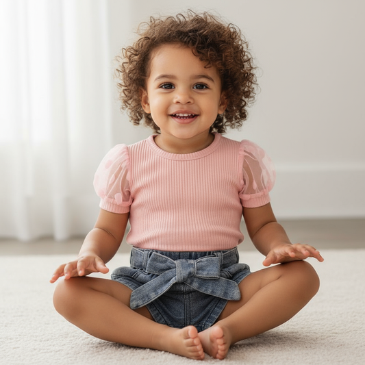 Cute kids clothing featuring a joyful toddler sitting in a stylish poke dot sleeve top and chic denim shorts, smiling brightly in a modern indoor setting.