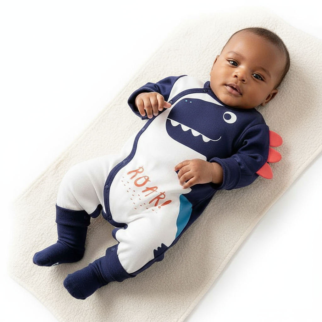 Baby lying on a soft surface in a Soft Cotton Baby Dinosaur Jumpsuit with Cute Design, featuring long sleeves and fun dinosaur detailing.