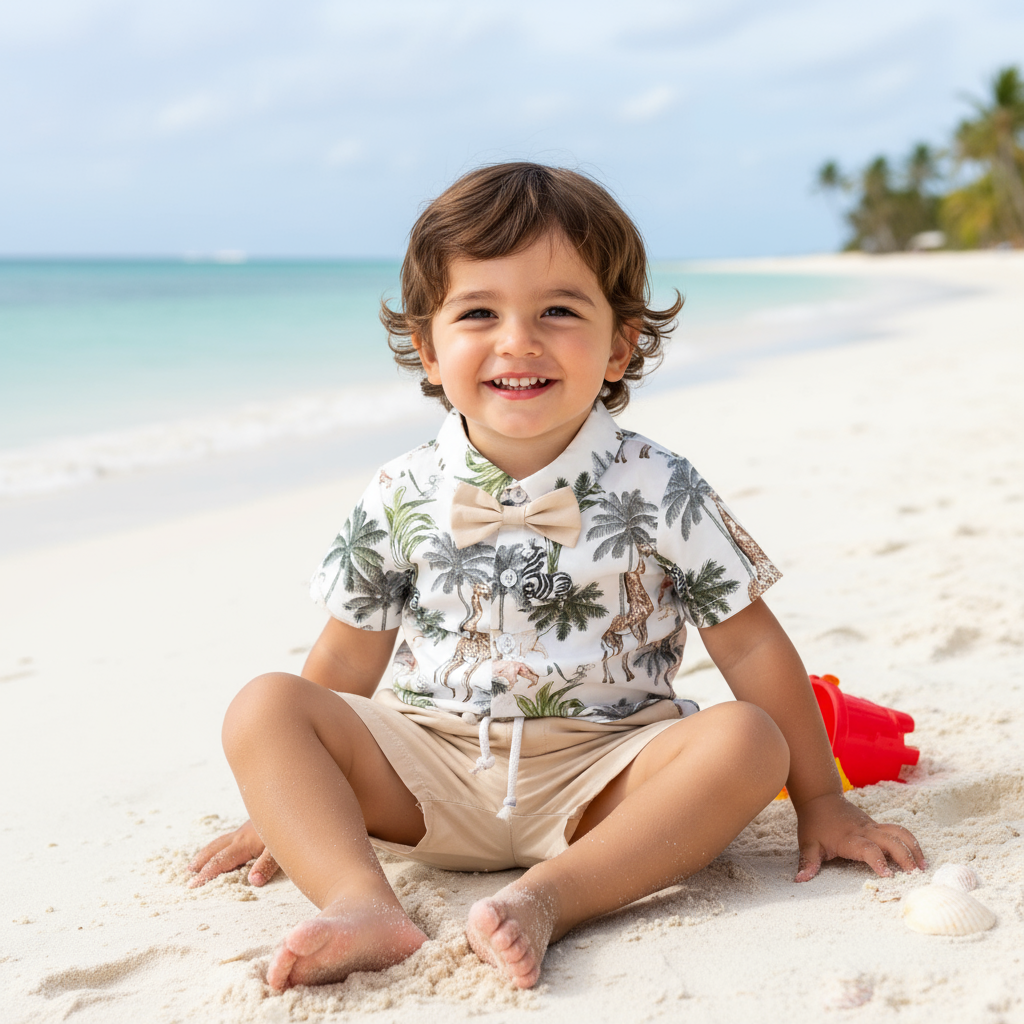 Toddler Boy Wildlife Shirt and Shorts Set for Toddlers with Bow Tie, showcasing a smiling boy at the beach, embodying fun and comfort in this stylish shorts set for toddlers.