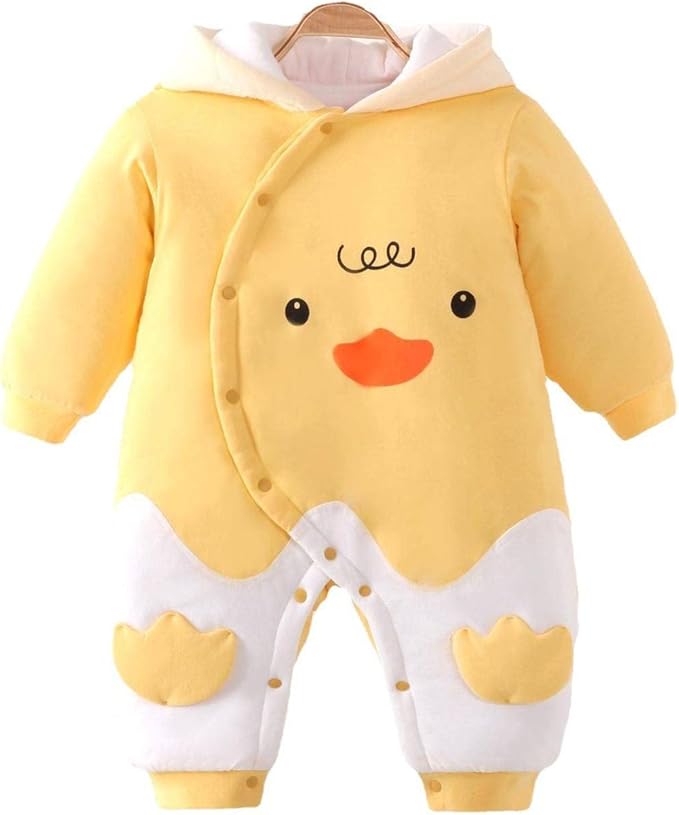 Baby Fleece Jumpsuit with Hood - Adorable Duckie Design for Boys & Girls, Soft and Cozy infant snap button romper