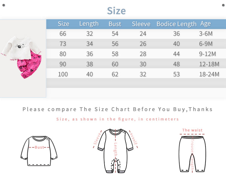Adorable Little Lovebug Baby Girl Clothing Set - Soft Cotton Outfit for Infants with size chart and measurements for baby rompers and pants