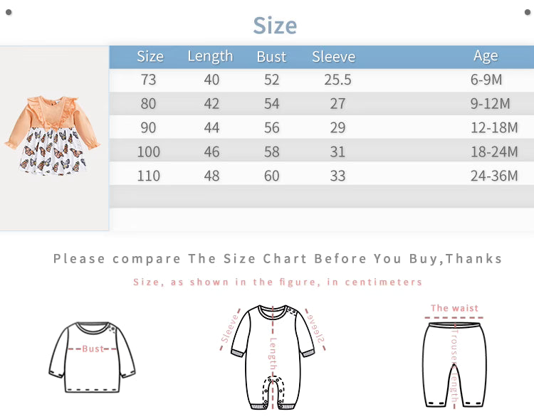 Baby Butterfly Dress Long Sleeve | Hushies Boutique showing size chart with measurements in centimeters for infant clothing