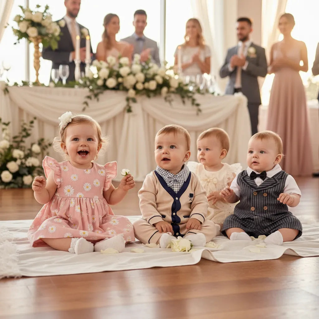 Group of adorable toddlers at an event, one wearing the Stylish 2-Piece Baby Boy Gentleman Outfit With Bow Tie & Vest, showcasing a charming gentleman outfit for baby in a celebration.