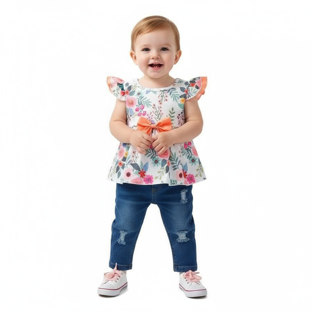 Adorable Toddler Girls Outfit: Floral Peplum Top With Ruffled Sleeves & Denim Jeans Set showcased by a joyful toddler girl smiling in a floral top with an orange bow and denim jeans.