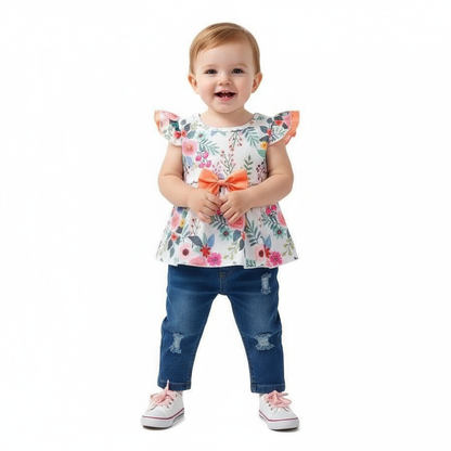 Adorable Toddler Girls Outfit: Floral Peplum Top With Ruffled Sleeves & Denim Jeans Set showcased by a joyful toddler girl smiling in a floral top with an orange bow and denim jeans.