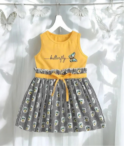 A charming yellow dress adorned with black and white flowers, perfect for baby and toddler girls, featuring pretty butterfly details.