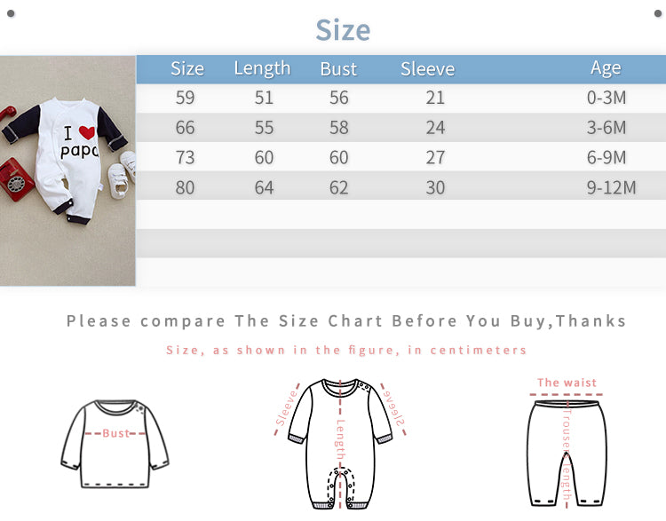 Adorable Unisex Baby Jumpsuit - I Love You Papa Design in Soft Cotton for Newborns with size chart and measurement guide