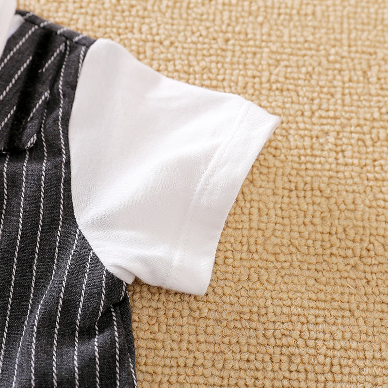 Gentleman Outfit for Baby Jumpsuit - Pinstripe Set | Hushies showing close-up of white short sleeve and pinstripe fabric detail