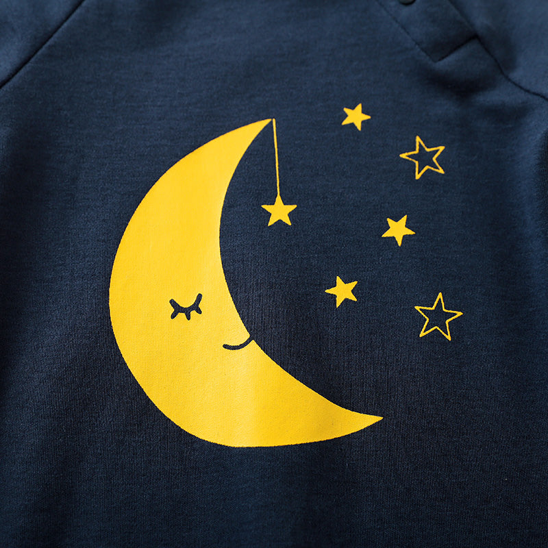 Baby Jumpsuit Nighty Night Hushies - Unisex Soft Cotton featuring a yellow moon and stars print on navy fabric