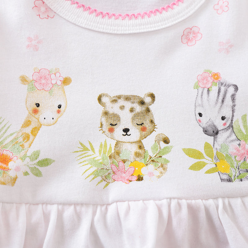 White cotton fabric with cute giraffe, leopard, and zebra prints adorned with flowers.
