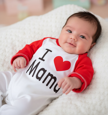 Cute baby relaxing in the 'I Love You Mama' baby jumpsuit with a charming expression, ideal for expressing love and style.