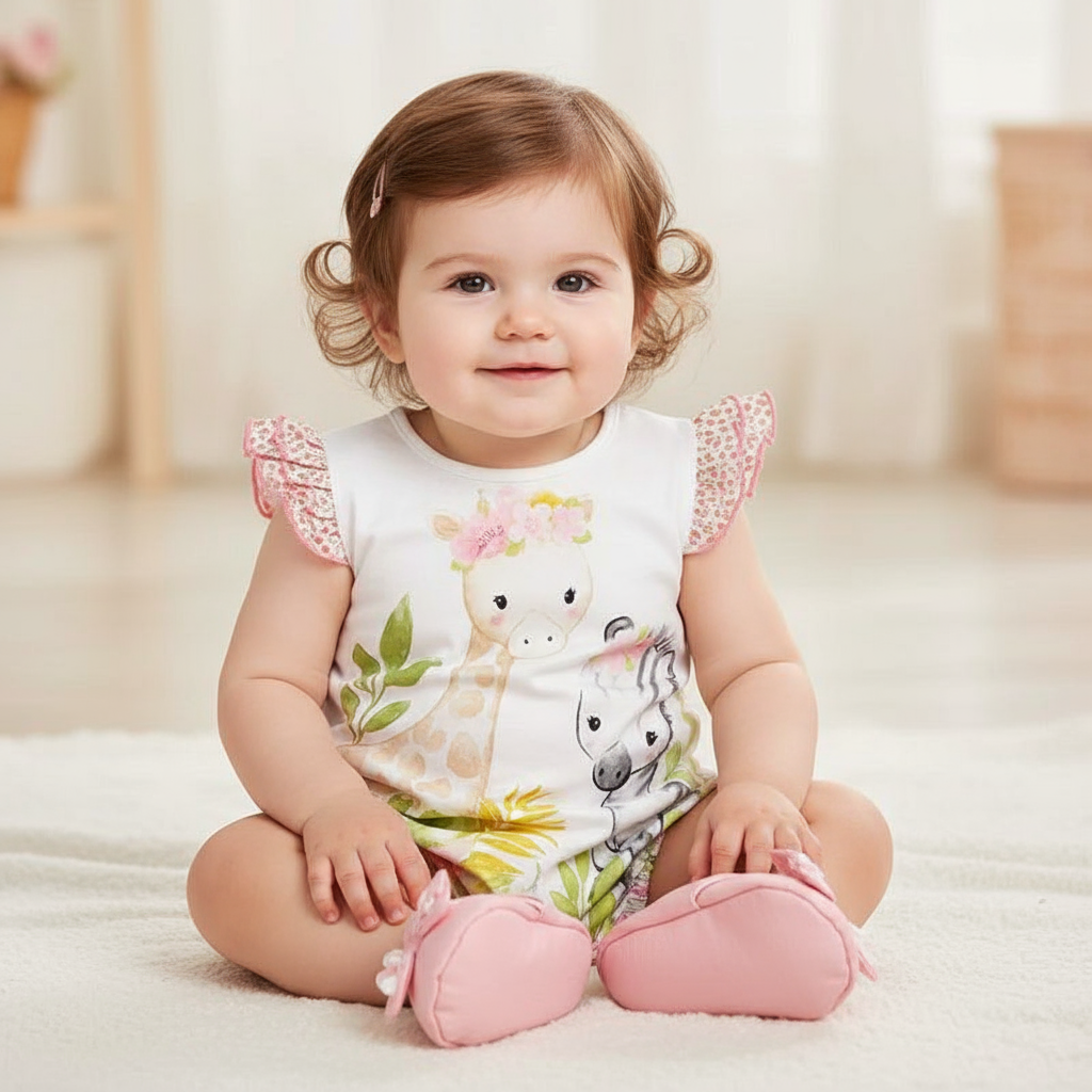 Adorable 1-Piece Deer & Zebra Print Baby Romper - Soft Breathable Baby Clothes, featuring a smiling baby girl with curly hair wearing the romper and pink shoes.