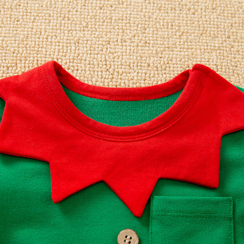 Green Elf Jumpsuit Babies | Soft Gender Neutral Holiday with festive collar detail and front pocket on cozy infant outfit