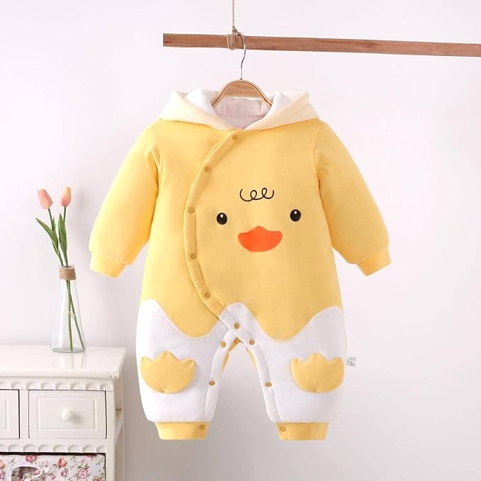 Baby Fleece Jumpsuit with Hood - Adorable Duckie Design for Boys & Girls, Soft and Cozy infant romper with snap closures