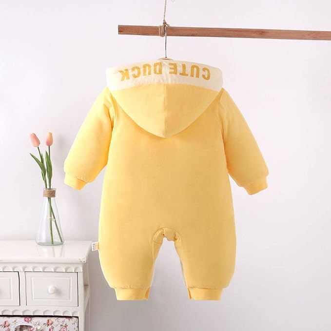 Baby Fleece Jumpsuit with Hood - Adorable Duckie Design for Boys & Girls, Soft and Cozy infant romper in gentle yellow shade
