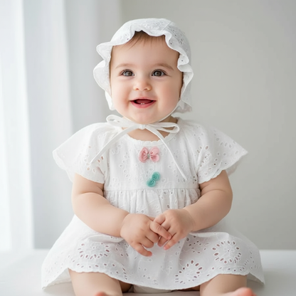 Baby Girl Cotton Romper Dress With Matching Hat featuring a happy baby sitting down, showcasing the soft, breathable fabric and floral design of the cotton romper dress.