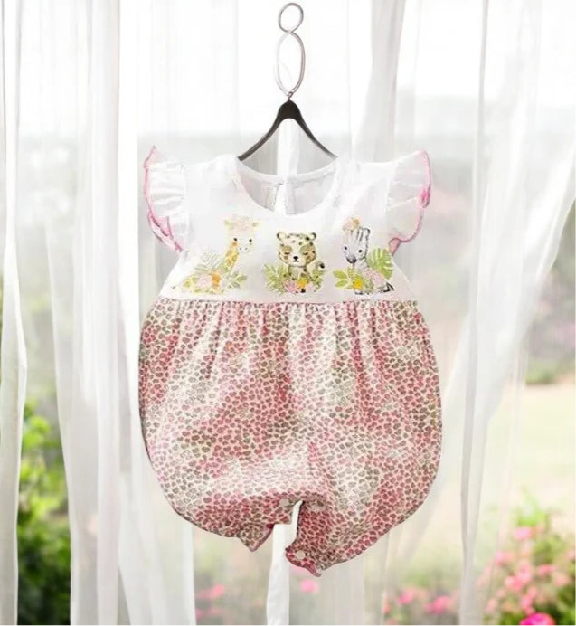 Adorable baby girl romper featuring a charming deer heart love print with pink and white flowers, perfect for any occasion.