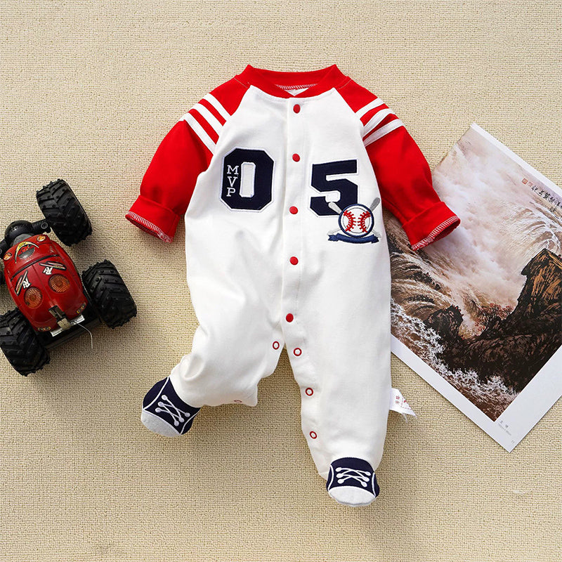Baseball Themed Baby Outfit - Infant MVP Cotton Footed Jumpsuit for Cozy Playtime with snap closures and sporty design