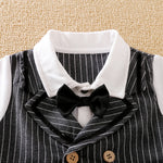 Gentleman Outfit for Baby Jumpsuit - Pinstripe Set | Hushies showing pinstripe vest with bow tie and white collar on infant romper
