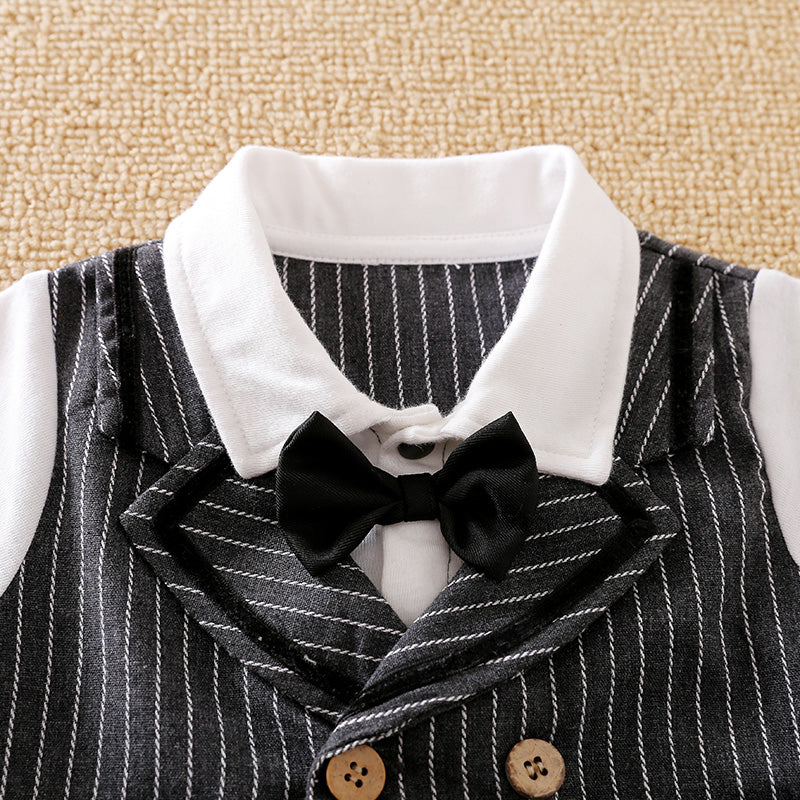 Gentleman Outfit for Baby Jumpsuit - Pinstripe Set | Hushies showing pinstripe vest with bow tie and white collar on infant romper