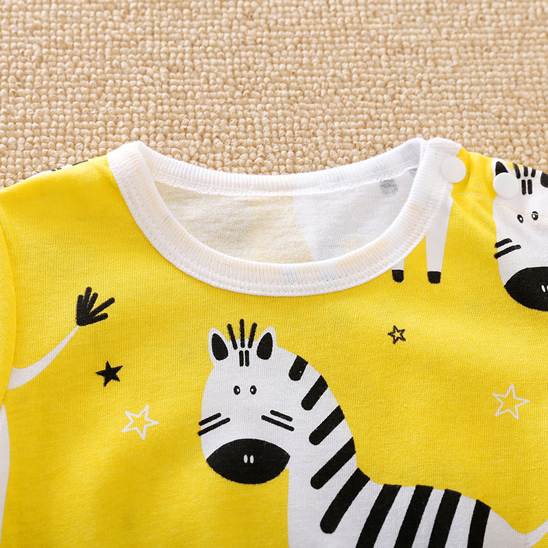 Unisex Baby Clothing Zebra Jumpsuit with Bib | Hushies soft yellow infant jumpsuit with playful zebra print and white collar detail