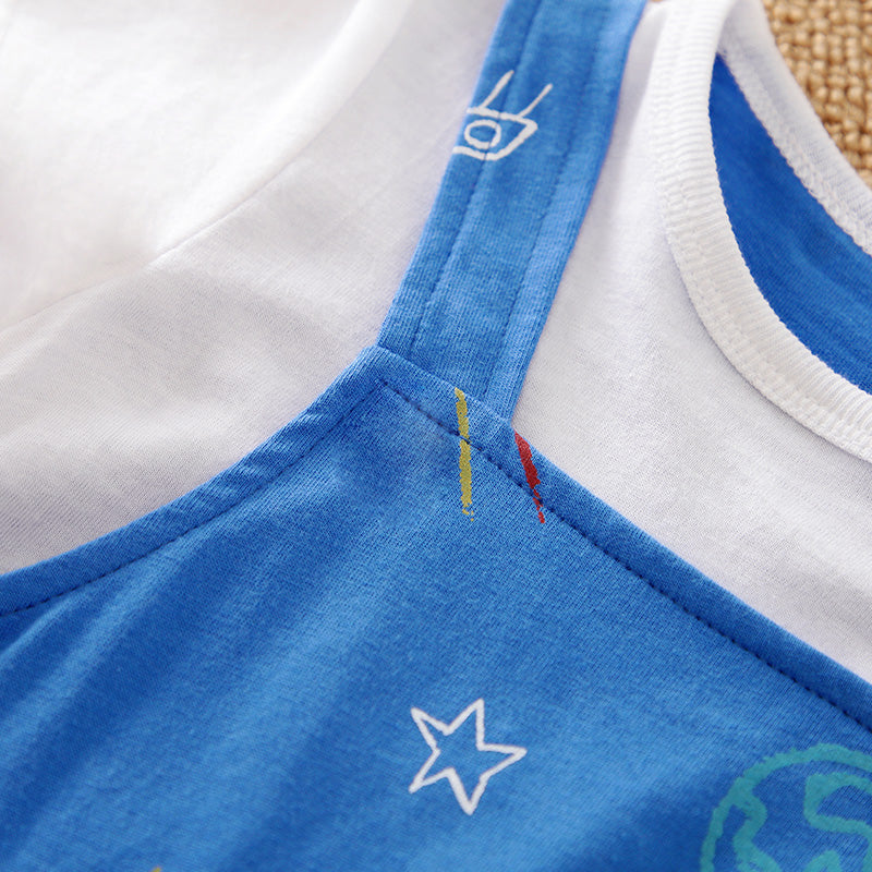 Cozy Baby Blue Romper with Star Print by Hushies - Easy Snap Closure, Soft Cotton baby romper fabric and star print detail close-up