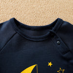 Baby Jumpsuit Nighty Night Hushies - Unisex Soft Cotton close-up of neckline and snap button on navy infant sleepwear