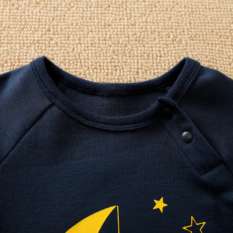 Baby Jumpsuit Nighty Night Hushies - Unisex Soft Cotton close-up of neckline and snap button on navy infant sleepwear