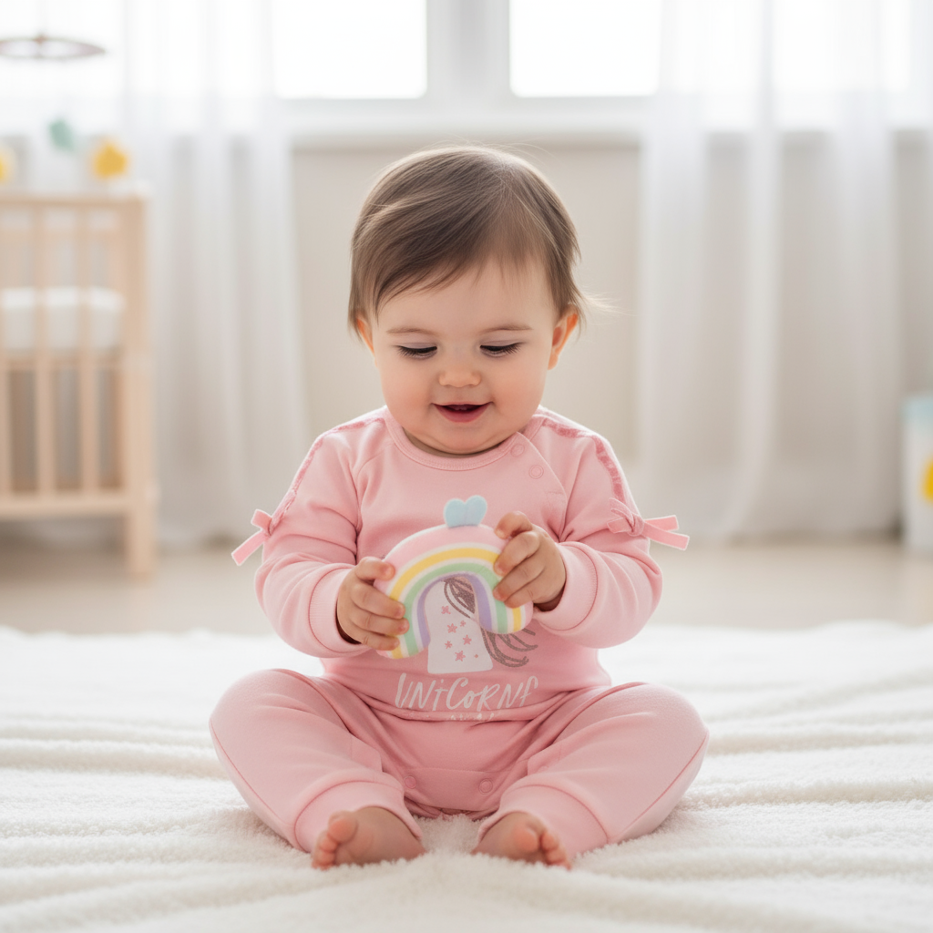 Cute unicorn baby jumpsuit in soft pink, made for comfort with an easy snap closure. Perfect for little ones exploring their world.