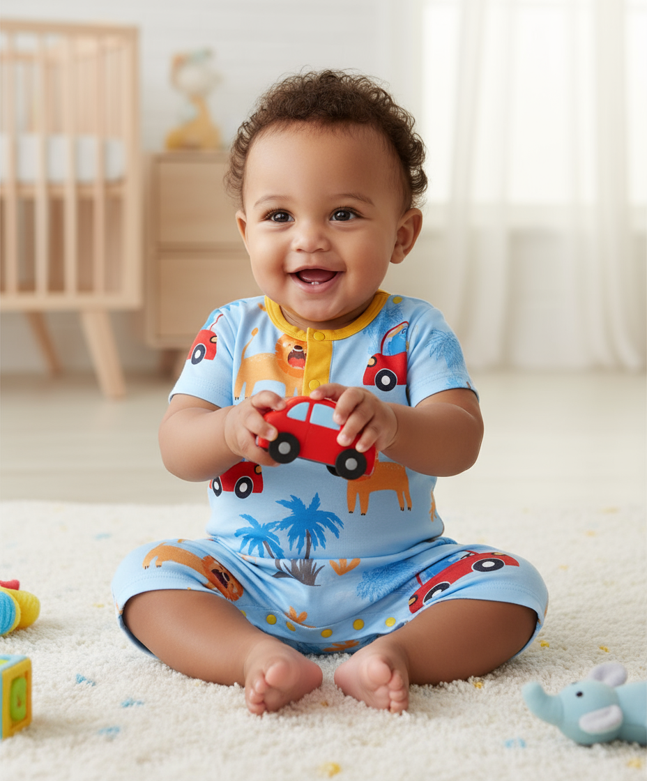 Happy baby wearing Lion & Wheels Playtime Baby Boy Romper, sitting on a soft rug and playing with a red toy car, perfect for playtime adventures in this stylish playtime romper for boys.