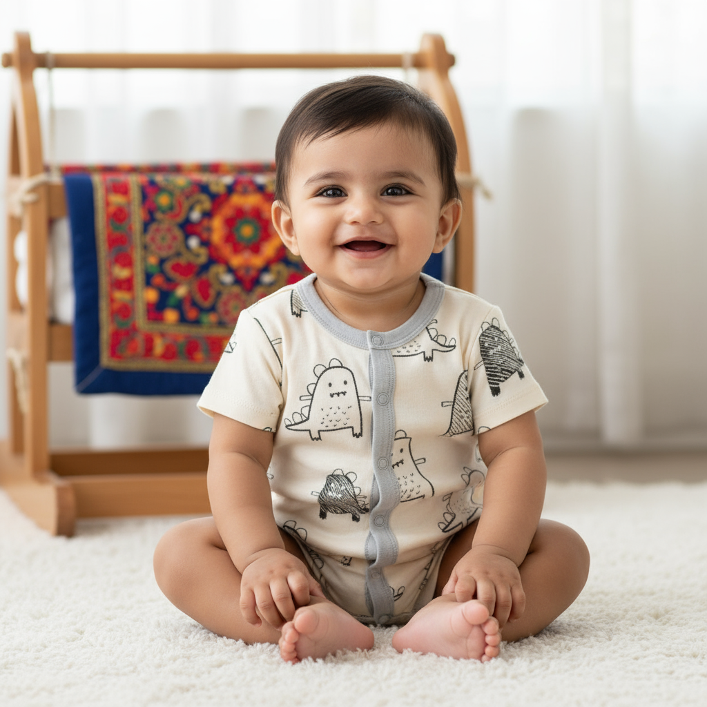 A delighted baby in a cute unisex baby romper featuring charming cartoon designs from Hushies, playing on a cozy rug in a bright room.