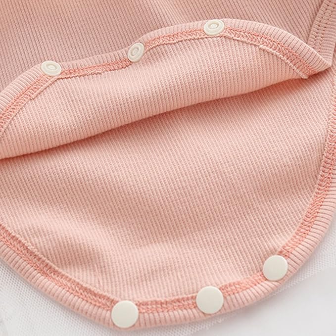 Close-up of pink ribbed baby romper fabric with white snap buttons.