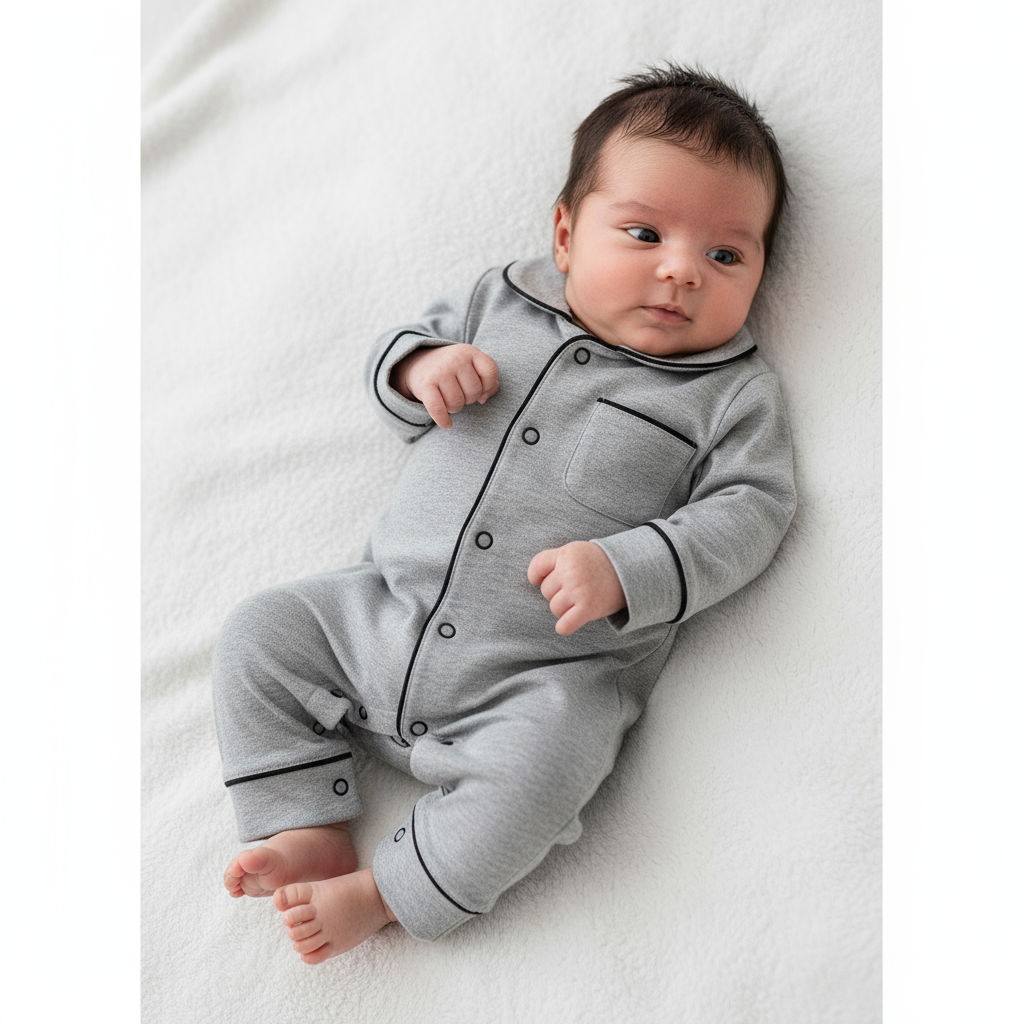 A cute baby boy in gray Soft Cotton Pajamas by Hushies, lying on a blanket with a relaxed expression, highlighting the softness and comfort of the soft cotton pajamas.